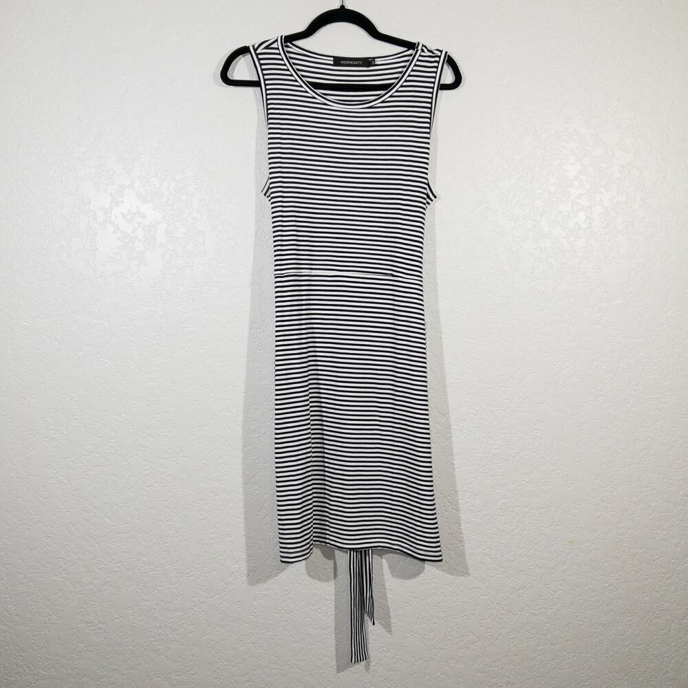 Merokeety Navy & White Striped Tie Waist Dress Size Medium
